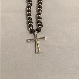 Cross necklace black beads and silver